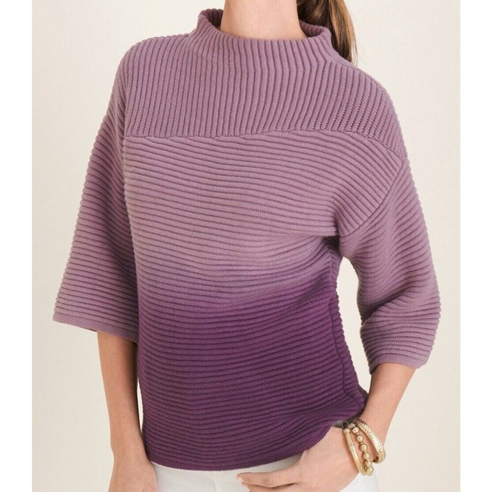 Chico’s Ombre Purple Sweater Women’s Size 1 (Med) Ribbed Mock Neck Short Sleeve